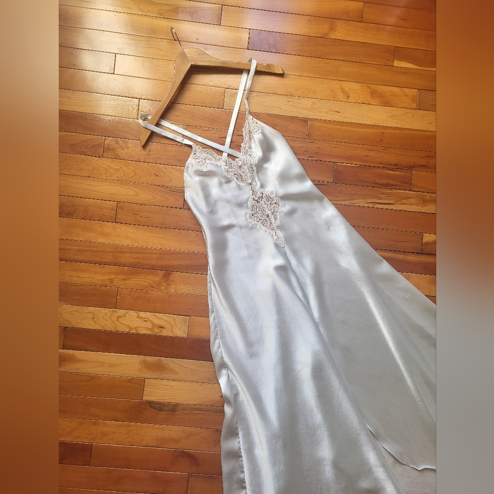 Vintage Silky Satin Lace-Trim Slip Dress - Pearl